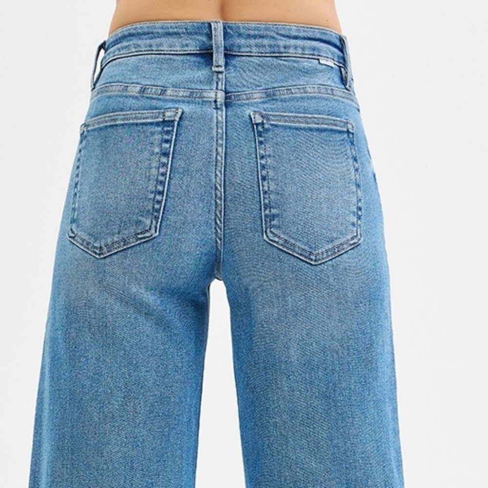 RISEN Mid-Rise Tummy Control Pintuck Seam Wide Leg Pants Slit Hem Denim Jeans - Picture 8 of 16